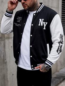 Manfinity CasualCool 男式加大码标语图案双色棒球夹克，卡通人物，长袖，外出，街头时尚，纽约风，撞色，秋季 - 黑與白 - 查看 1