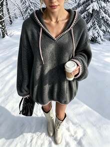 Trelyra Women's Casual Elegant Hooded Ribbed Fleece Long Sweatshirt, Beaded Contrast Color Design Casual Top - Dark Grey - View 4