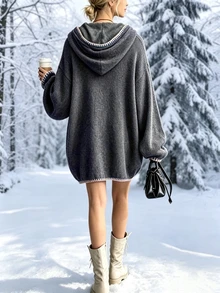 Trelyra Women's Casual Elegant Hooded Ribbed Fleece Long Sweatshirt, Beaded Contrast Color Design Casual Top - Dark Grey - View 2