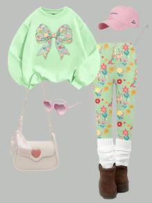 Young Girls Fall Floral Bow Crew Neck Sweatshirt Floral Deer Print Leggings Matching Set, Casual Autumn Outfit First Birthday 7th Birthday Green - Multicolor - View 4