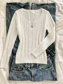 SHEIN Teen Girl Teen Girls Ribbed Crew Neck Casual Knit Sweater, Long Sleeve Knit Top, Autumn/Winter - White - View 2
