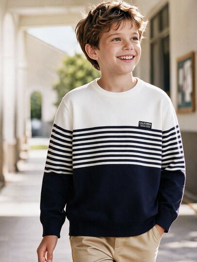 SHEIN Kids Tween Boy Casual Korean Style Versatile College Crew Neck Colorblock Striped Sweater, Suitable For Commuting, School, Daily Wear, Casual Outings, Sports, Autumn/Winter