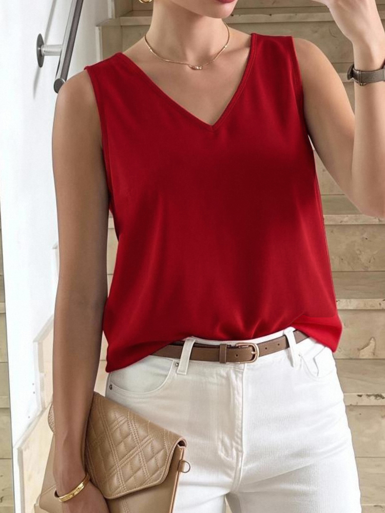 Easowa Casual Solid Sleeveless Blouse For Summer Vacation Dark Red - Burgundy - View 4