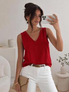 Easowa Casual Solid Sleeveless Blouse For Summer Vacation Dark Red - Burgundy - View 1