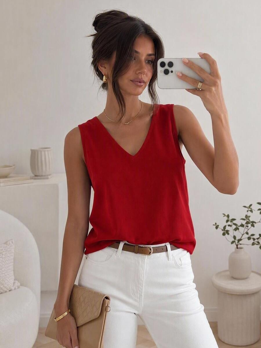 Easowa Casual Solid Sleeveless Blouse For Summer Vacation Dark Red - Burgundy - View 1