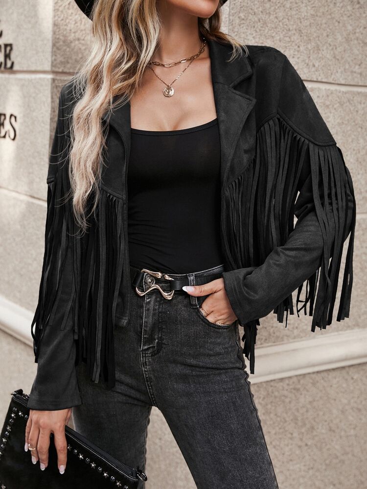 Easowa Fringe Trim Lapel Collar Drop Shoulder Suedette Jacket, Ladies Late Fall/ Casual Western Regular Sleeve Fit Black Plain, Night Out - Black - View 2