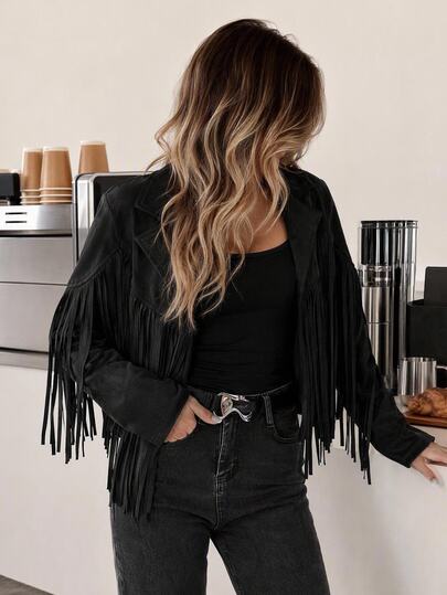 Easowa Fringe Trim Lapel Collar Drop Shoulder Suedette Jacket, Ladies Late Autumn/Winter Casual Western Regular Sleeve Fit Black Plain, Night Out