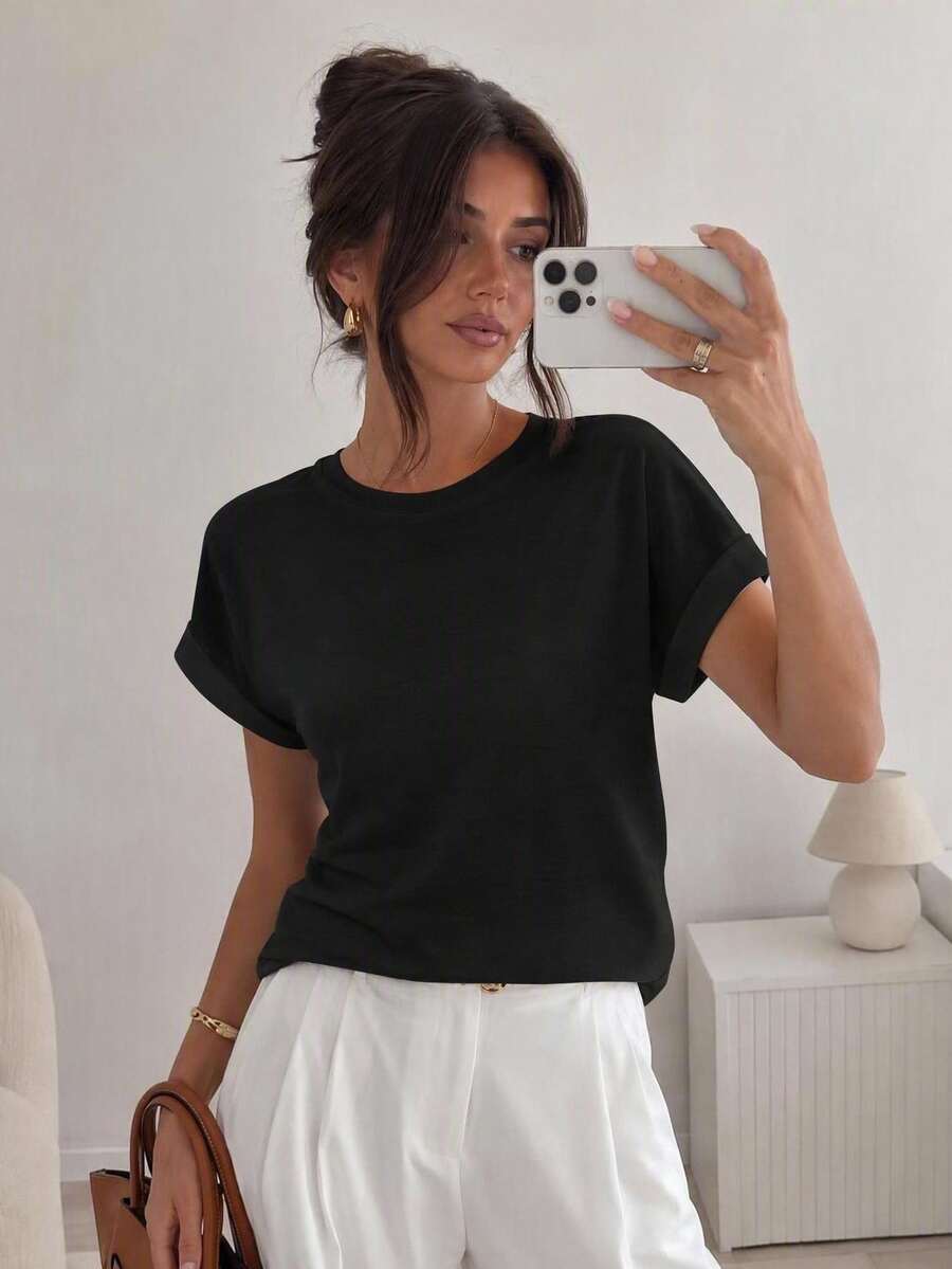 Easowa Batwing Sleeve Round Neck Tee,Casual - Black - View 1