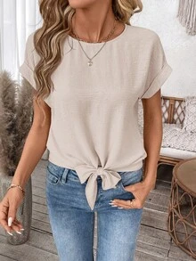 Easowa Women's Casual Solid Color Tie Short Sleeve Blouse For Daily Basic, Spring/Summer,Casual - Apricot - View 6