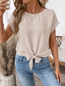 Easowa Women's Casual Solid Color Tie Short Sleeve Blouse For Daily Basic, Spring/Summer,Casual - Apricot - View 10