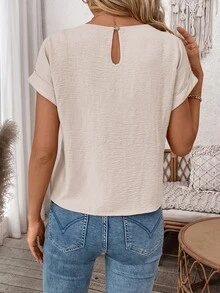 Easowa Women's Casual Solid Color Tie Short Sleeve Blouse For Daily Basic, Spring/Summer,Casual - Apricot - View 8