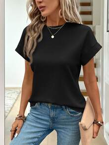 Easowa Waffle Texture Skin-Friendly Drop-Shoulder Apricot Women's T-Shirt - Black - View 2