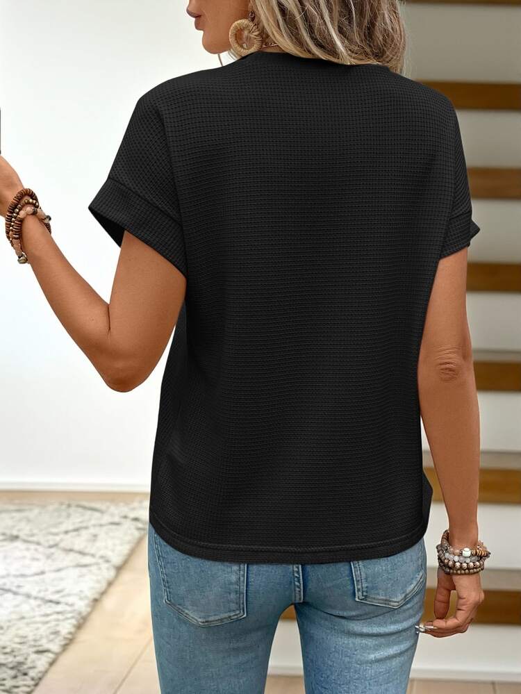 Easowa Waffle Texture Skin-Friendly Drop-Shoulder Apricot Women's T-Shirt - Black - View 3