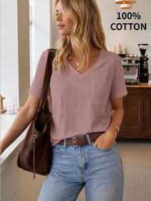 Easowa Breathable Comfortable Casual V-Neck T-Shirt With Patch Pocket, Versatile Basic Style - Purple - View 1