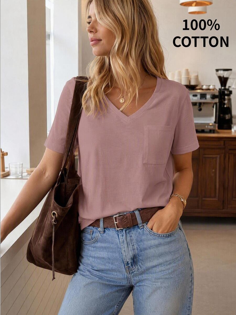 Easowa Breathable Comfortable Casual V-Neck T-Shirt With Patch Pocket, Versatile Basic Style - Purple - View 1