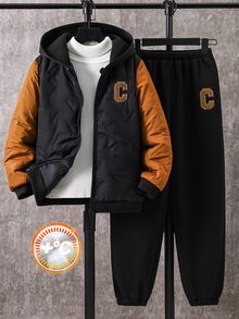 SHEIN 2件組兒童青少年男孩休閒運動百搭配色拼接絎縫紋理保暖內裡連帽外套與長褲套裝，適合通勤、上學、日常休閒、旅行、運動，秋冬款，填充外套，絎縫外套 - 黑色 - 查看 4