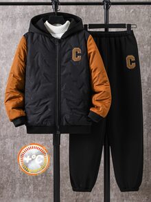 SHEIN 2件組兒童青少年男孩休閒運動百搭配色拼接絎縫紋理保暖內裡連帽外套與長褲套裝，適合通勤、上學、日常休閒、旅行、運動，秋冬款，填充外套，絎縫外套 - 黑色 - 查看 2