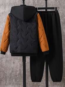 SHEIN 2件組兒童青少年男孩休閒運動百搭配色拼接絎縫紋理保暖內裡連帽外套與長褲套裝，適合通勤、上學、日常休閒、旅行、運動，秋冬款，填充外套，絎縫外套 - 黑色 - 查看 3