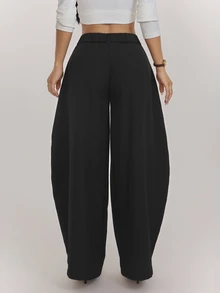 SHEIN PETITE Women's Petite Casual-Workwear Black Textured Striped Loose-Fit Wrap-Panel Trousers - Black - View 2
