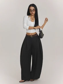 SHEIN PETITE Women's Petite Casual-Workwear Black Textured Striped Loose-Fit Wrap-Panel Trousers - Black - View 5