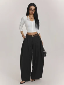 SHEIN PETITE Women's Petite Casual-Workwear Black Textured Striped Loose-Fit Wrap-Panel Trousers - Black - View 6