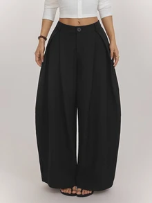 SHEIN PETITE Women's Petite Casual-Workwear Black Textured Striped Loose-Fit Wrap-Panel Trousers - Black - View 7