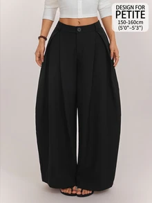 SHEIN PETITE Women's Petite Casual-Workwear Black Textured Striped Loose-Fit Wrap-Panel Trousers - Black - View 4