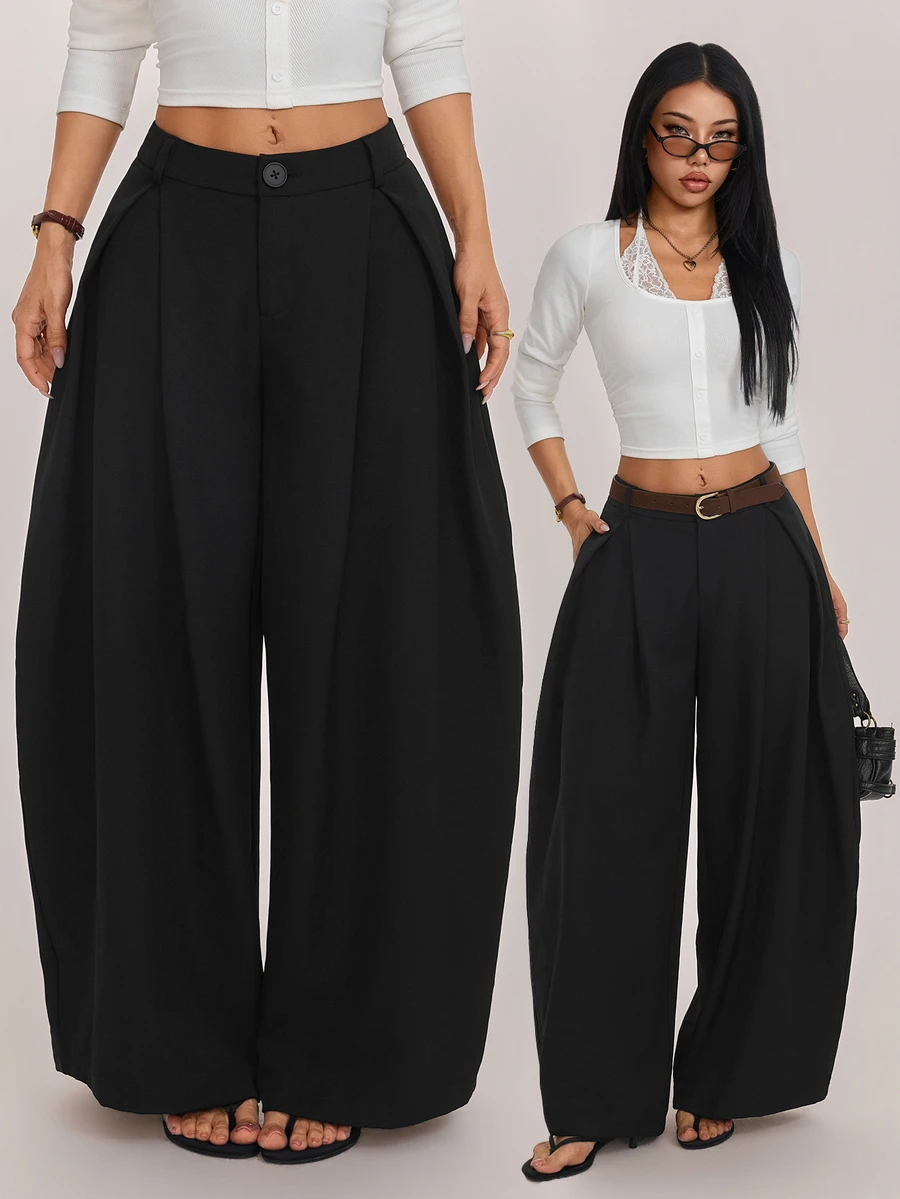 SHEIN PETITE Women's Petite Casual-Workwear Black Textured Striped Loose-Fit Wrap-Panel Trousers - Black - View 1