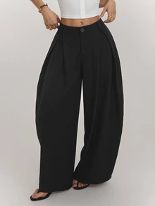 SHEIN PETITE Women's Petite Casual-Workwear Black Textured Striped Loose-Fit Wrap-Panel Trousers - Black - View 3