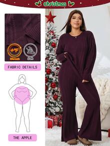 Solflare Plus Size Women's Autumn/Winter Christmas Solid Color Burgundy Cable Long Sleeve Knit Sweater And Flared Pants Set Warm Soft For Loungewear,Red - Burgundy - View 1
