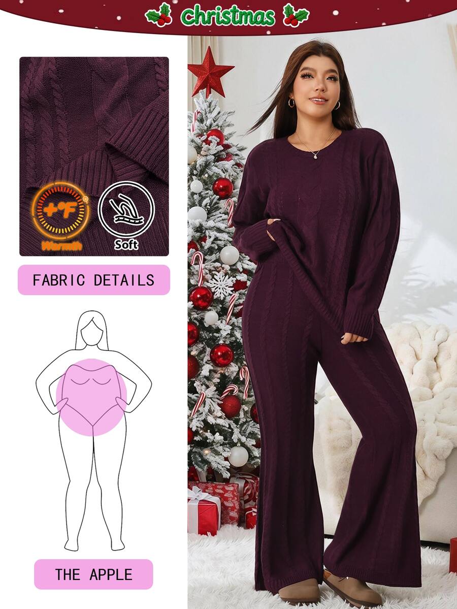 Solflare Plus Size Women's Autumn/Winter Christmas Solid Color Burgundy Cable Long Sleeve Knit Sweater And Flared Pants Set Warm Soft For Loungewear,Red - Burgundy - View 1