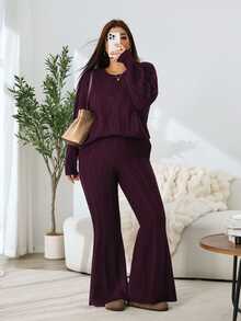 Solflare Plus Size Women's Autumn/Winter Christmas Solid Color Burgundy Cable Long Sleeve Knit Sweater And Flared Pants Set Warm Soft For Loungewear,Red - Burgundy - View 6