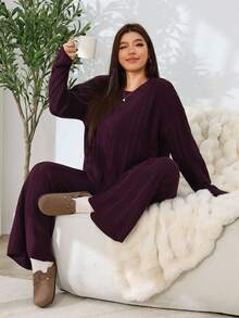 Solflare Plus Size Women's Autumn/Winter Christmas Solid Color Burgundy Cable Long Sleeve Knit Sweater And Flared Pants Set Warm Soft For Loungewear,Red - Burgundy - View 7