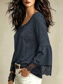 Linhara CURVE Plus Size Women's Contrast Lace Trim Tie-Front Flare Sleeve Blouse - Navy Blue - View 4