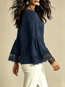Linhara CURVE Plus Size Women's Contrast Lace Trim Tie-Front Flare Sleeve Blouse - Navy Blue - View 2