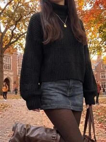 Solid Color Casual Lazy Pullover Sweater Women Round Neck Autumn/Winter New Loose Fit Versatile Knit Crop Top - Black - View 1