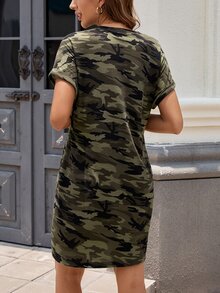 Easowa 运动休闲跑步骑行慢跑篮球宽松落肩圆领迷彩印花休闲度假舒适连衣裙女士夏季 - 軍綠色 - 查看 9