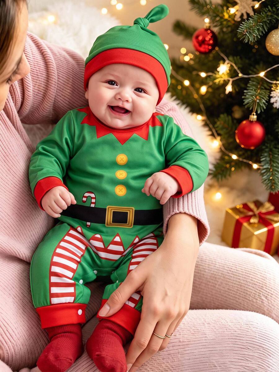 SHEIN Newborn Baby Boy Christmas Print Cute Hat & Thick Fleece Long Autumn Pants Set, Suitable For Winter Christmas - Green - View 1