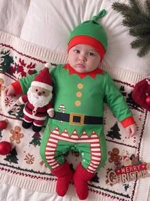SHEIN Newborn Baby Boy Christmas Print Cute Hat & Thick Fleece Long Autumn Pants Set, Suitable For Winter Christmas - Green - View 7