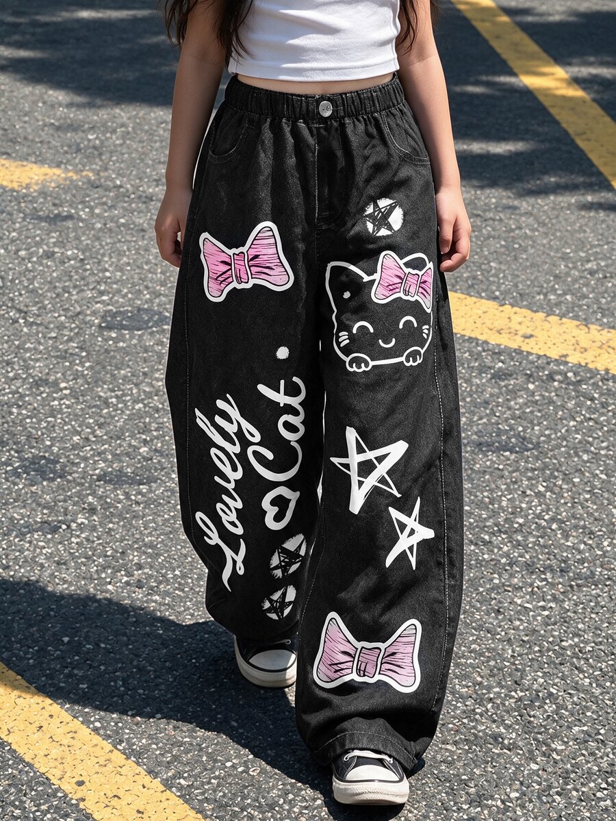 SHEIN Tween Girls Fall Clothes Elastic Waist Loose Printed Wide Leg Pants Everyday Wear Spring Autumn Winter Casual Cute Back To School Outfit Black