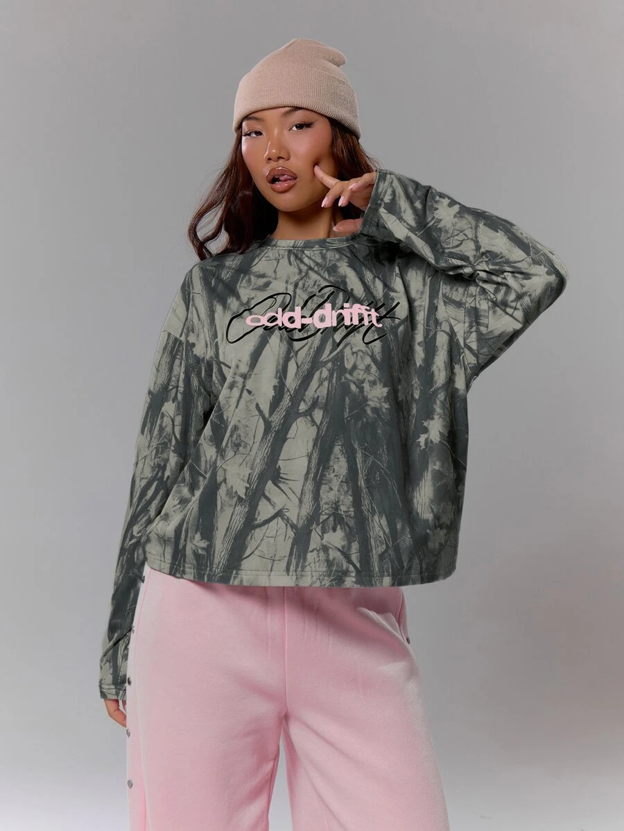 MUSERA Oversized Camo Graphic Print Long Sleeve Top Streetwear Coolgirl Sexy Casual Odd Drift Spring Summer Holiday - Black - View 1