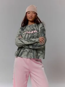 MUSERA Oversized Camo Graphic Print Long Sleeve Top Streetwear Coolgirl Sexy Casual Odd Drift Spring Summer Holiday - Black - View 5