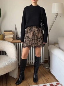 Freevana Women Boho Black Floral Lace A Line Short Skirt Elastic High Waist Drawstring Lined Mini Skirt - Black - View 8