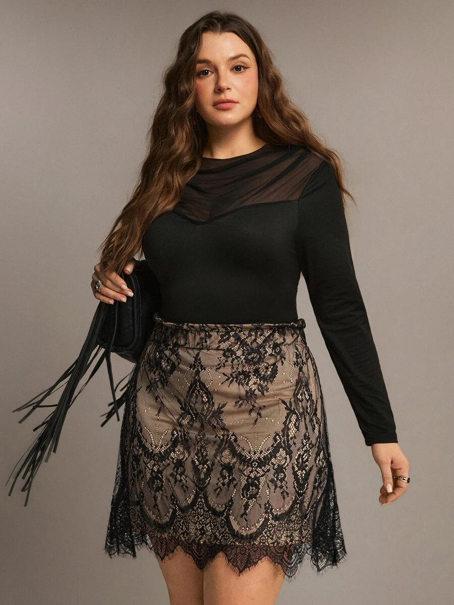 Freevana Women Boho Black Floral Lace A Line Short Skirt Elastic High Waist Drawstring Lined Mini Skirt - Black - View 1