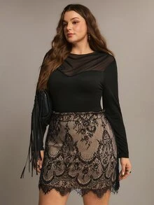 Freevana Women Boho Black Floral Lace A Line Short Skirt Elastic High Waist Drawstring Lined Mini Skirt - Black - View 6