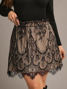 Freevana Women Boho Black Floral Lace A Line Short Skirt Elastic High Waist Drawstring Lined Mini Skirt - Black - View 7