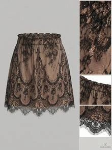 Freevana Women Boho Black Floral Lace A Line Short Skirt Elastic High Waist Drawstring Lined Mini Skirt - Black - View 10