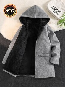SHEIN 兒童青少年男孩休閒學院風百搭羊毛混紡極簡保暖內裡加厚連帽外套，適合秋冬戶外穿著，高CP值絎縫外套、冬裝外套、填充外套、羽絨外套 - 灰色 - 查看 6
