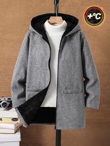 SHEIN 兒童青少年男孩休閒學院風百搭羊毛混紡極簡保暖內裡加厚連帽外套，適合秋冬戶外穿著，高CP值絎縫外套、冬裝外套、填充外套、羽絨外套 - 灰色 - 查看 5