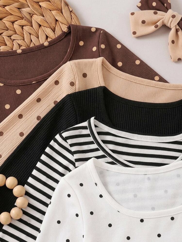 SHEIN Young Girl Knitted Polka Dot Square Neck Casual Fitted T-Shirt - White - View 3